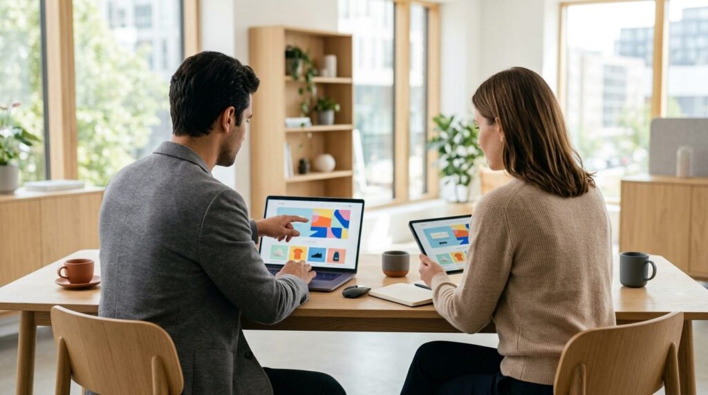 To iværksættere arbejder med webdesign og e-handelsstrategi på laptop og tablet ved et skrivebord.