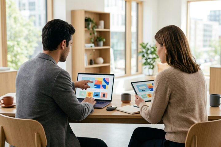 To iværksættere arbejder med webdesign og e-handelsstrategi på laptop og tablet ved et skrivebord.