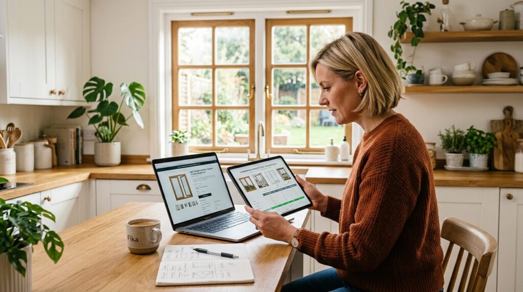 Modern home owner using tablet and laptop researching and co