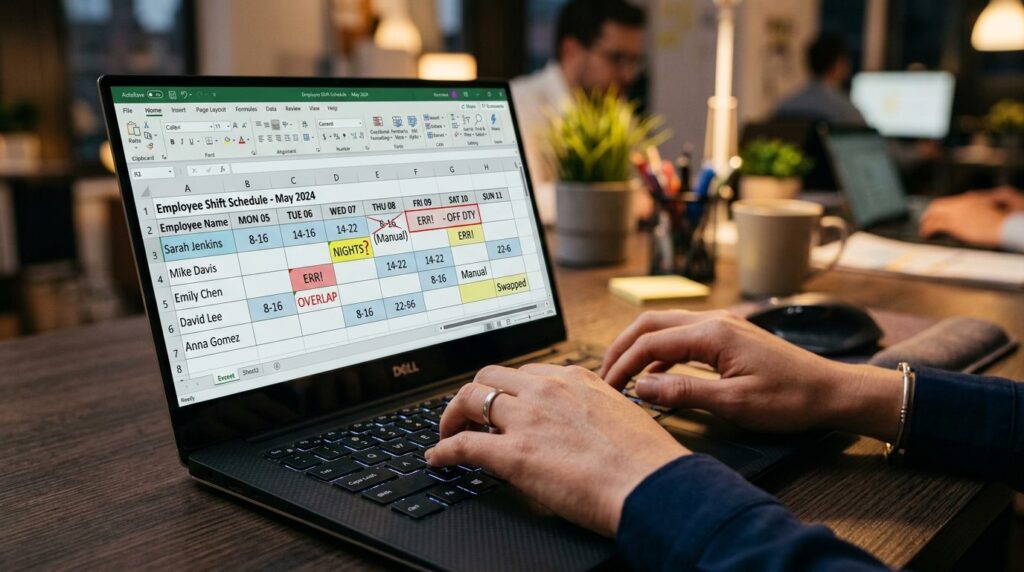 Close-up of hands typing on keyboard with Excel spreadsheet 
