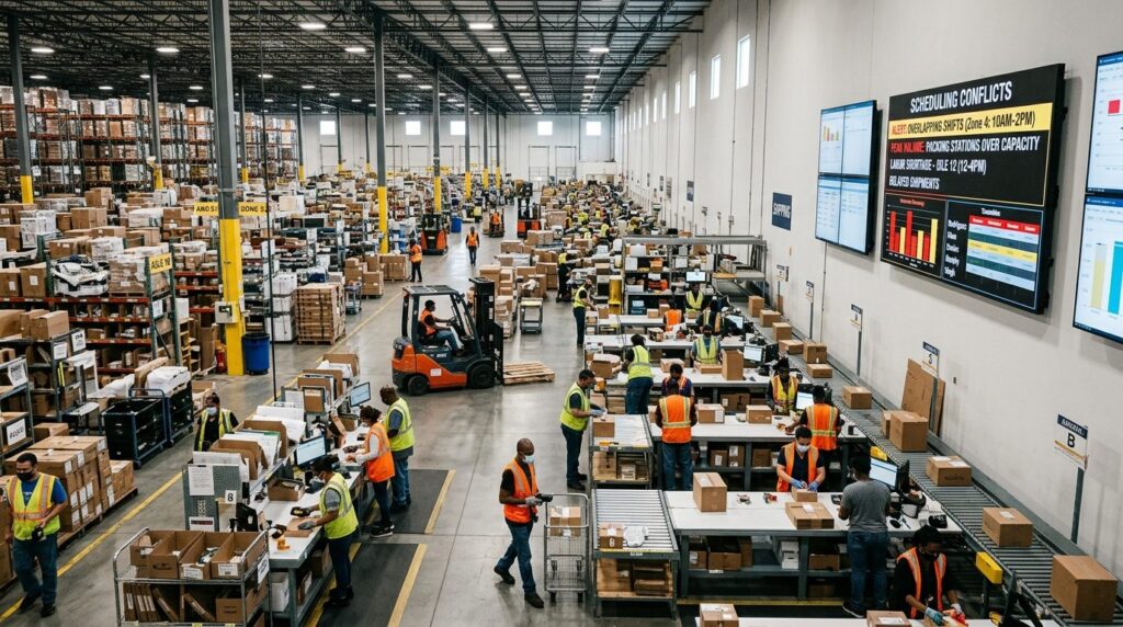 Wide shot of busy warehouse or fulfillment center during pea