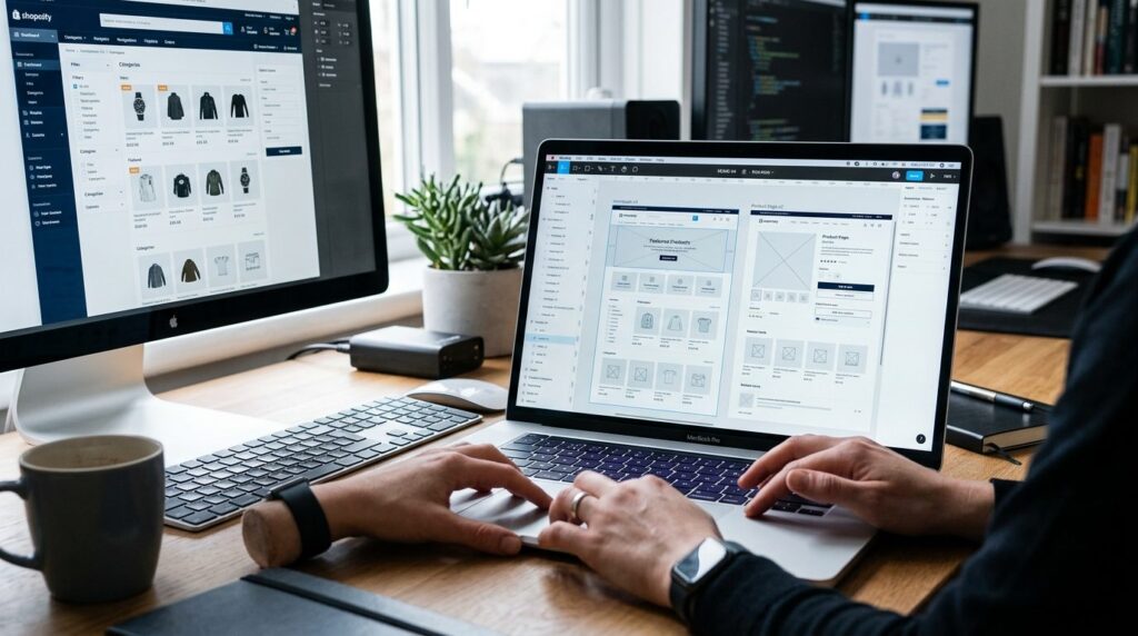 Close-up of website designers hands working on computer dis