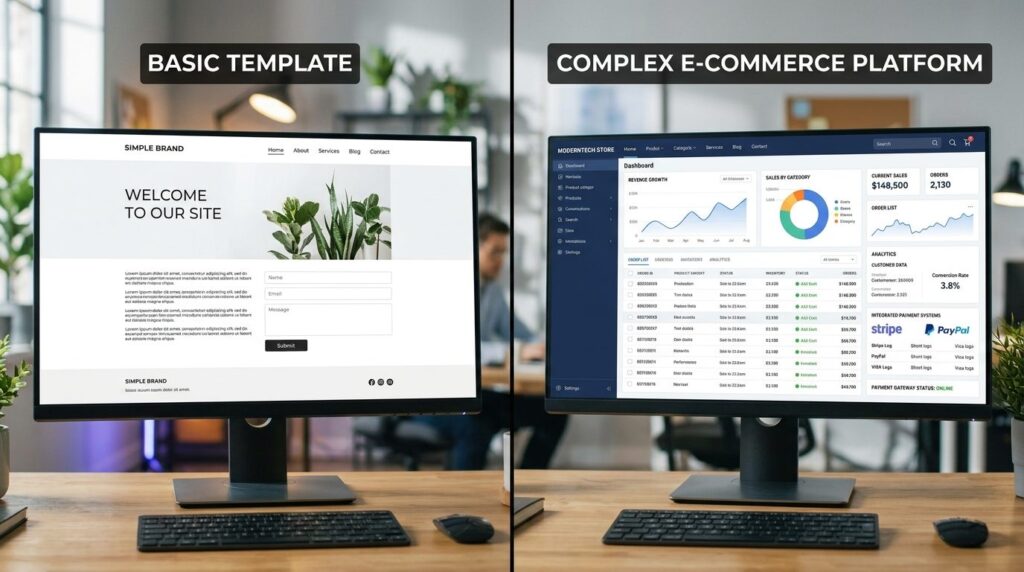 Split-screen comparison showing simple basic website templat