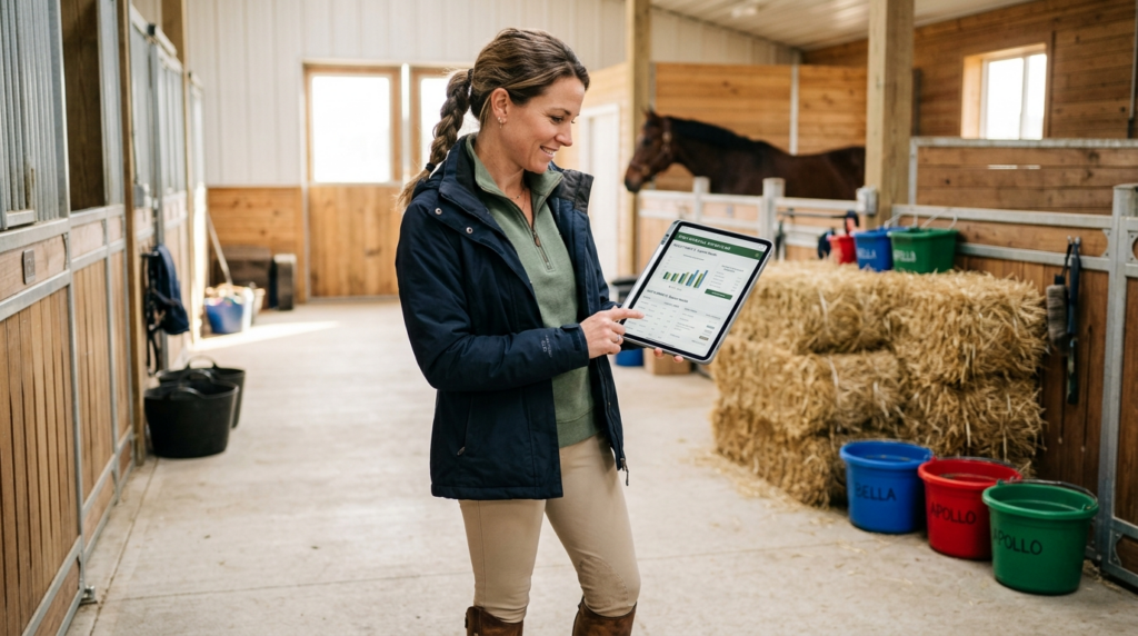 Professional photograph of a female horse owner or rider in 