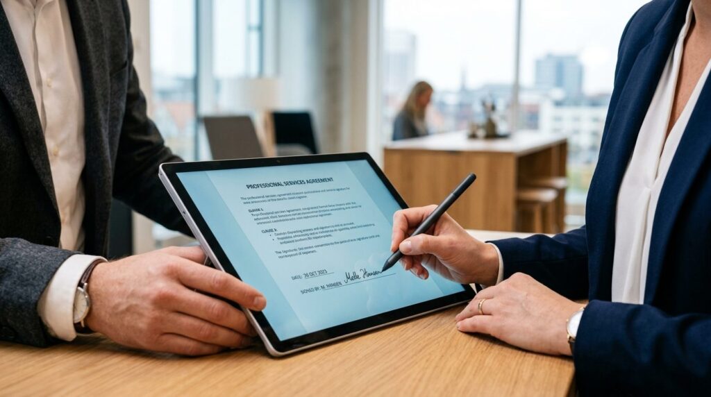 Close-up professional stockfoto of hands signing a digital c