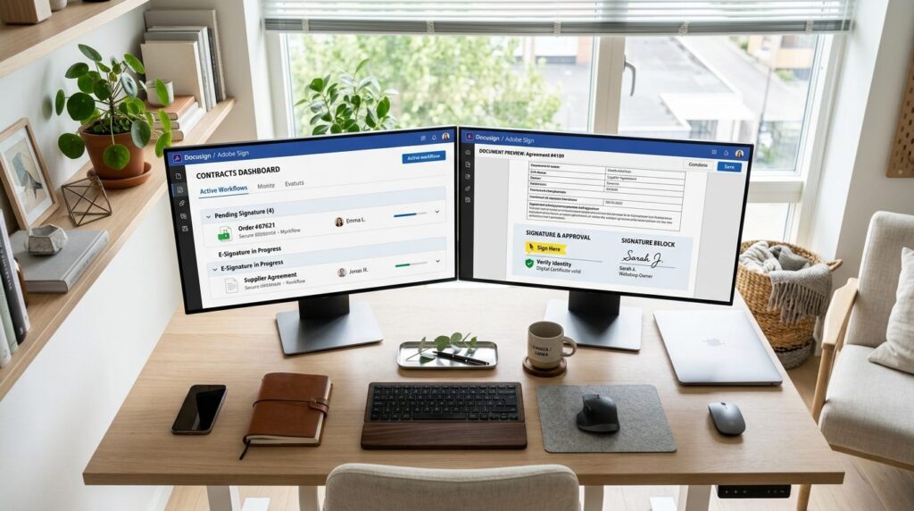 Overhead shot of a webshop owners workspace showing multipl