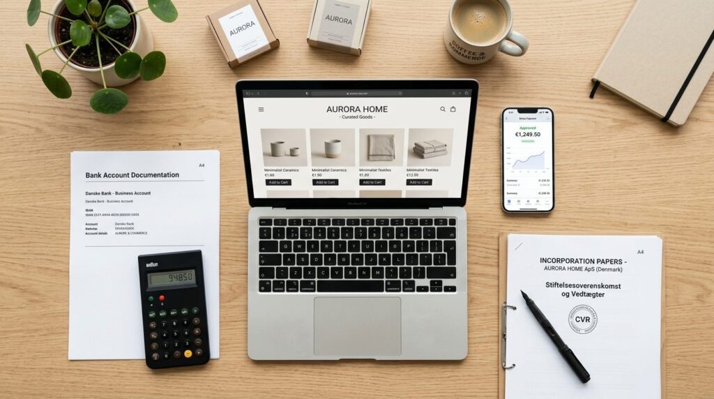 E-commerce startup workspace: Overhead flat lay composition
