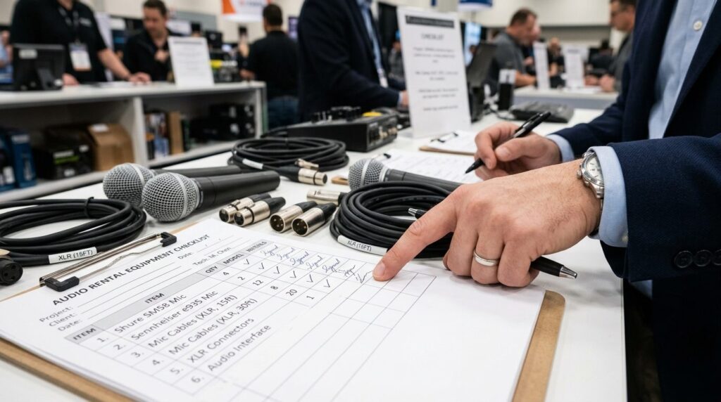 Close-up detail shot of professional audio rental equipment