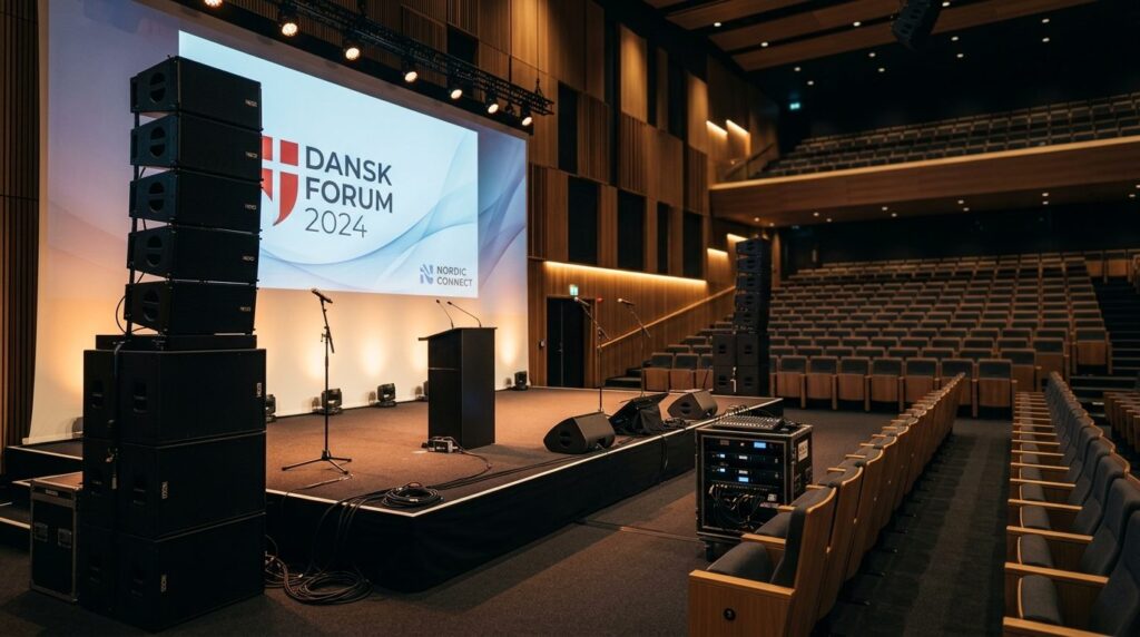 Event venue setup with rented sound system, stage with profe
