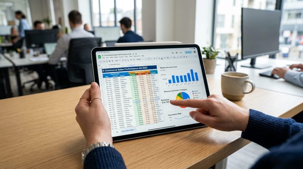 Close-up of hands reviewing e-commerce sales data spreadshee