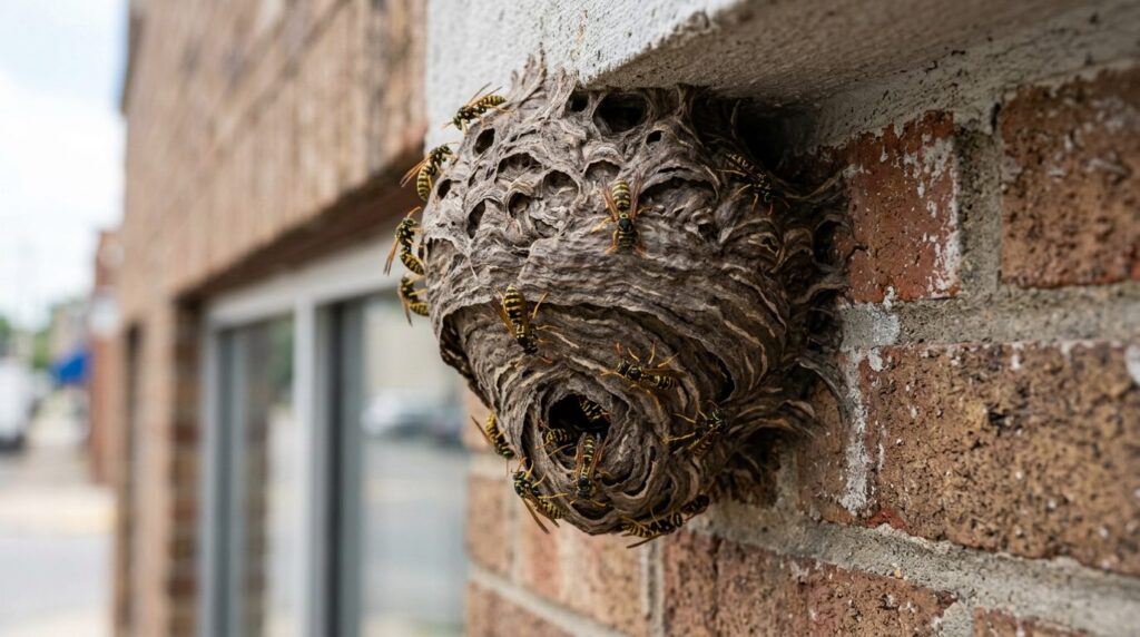 Close-up of a dangerous wasp nest attached to the corner of 