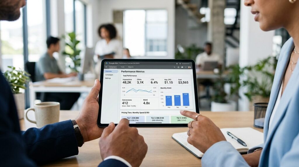 Close-up of hands pointing at a digital tablet showing Googl