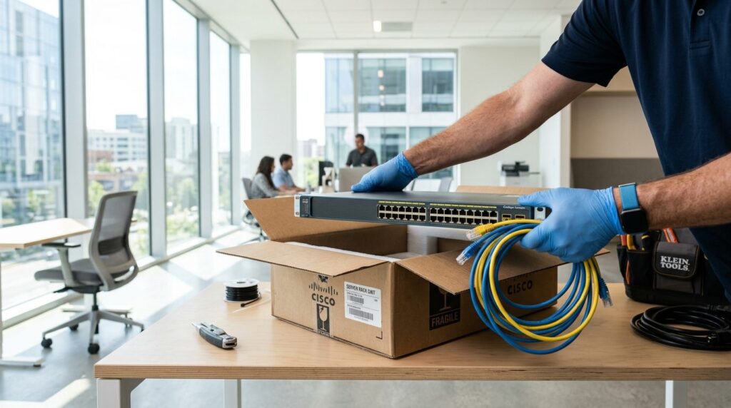 Close-up of IT technician hands unpacking server equipment a