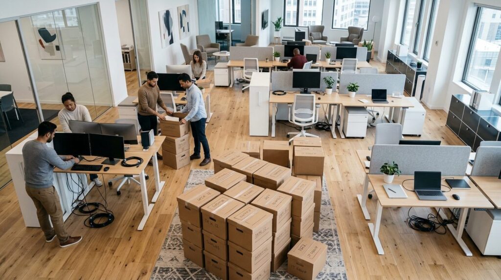 Overhead view of business office move in progress: employees