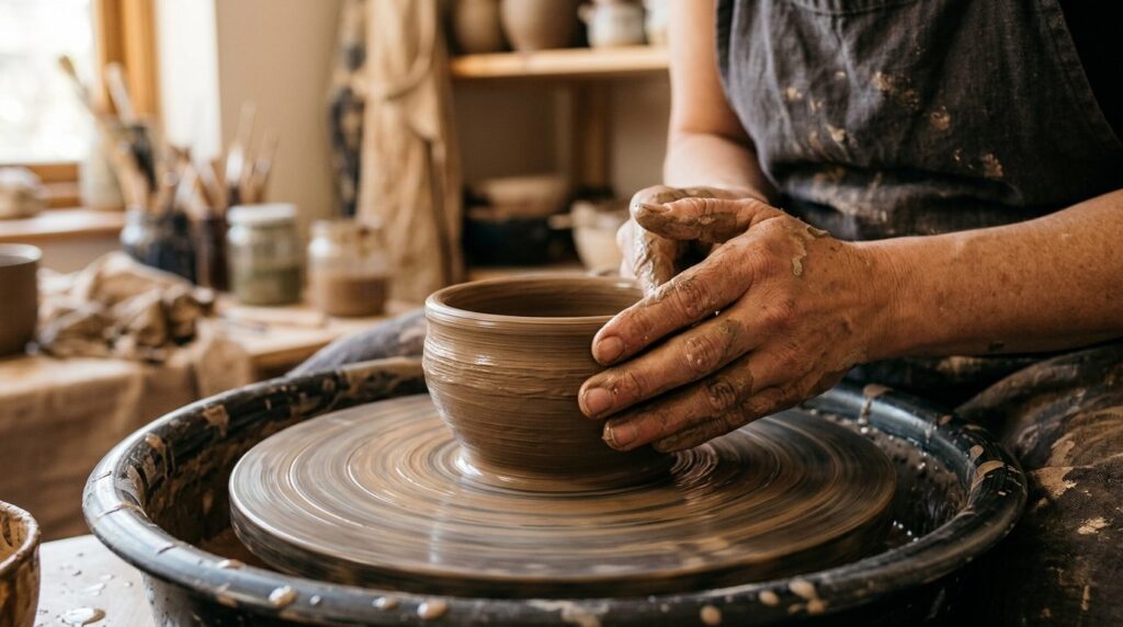 Close-up detail shot of a ceramic artists hands working on 