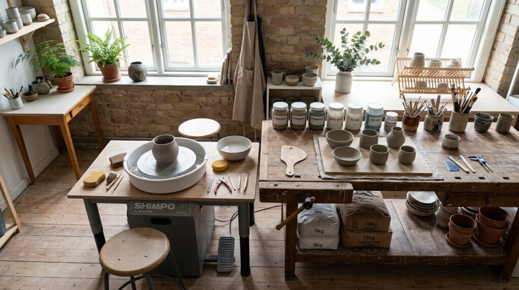 Wide overhead view of a pottery studio workspace featuring a