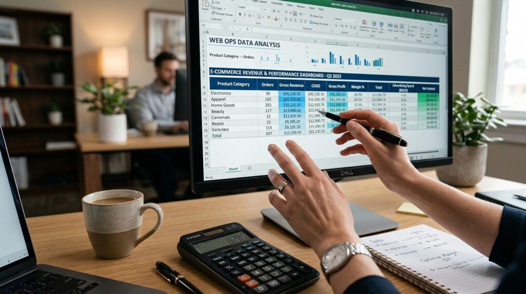 Close-up of hands analyzing spreadsheet with webshop revenue