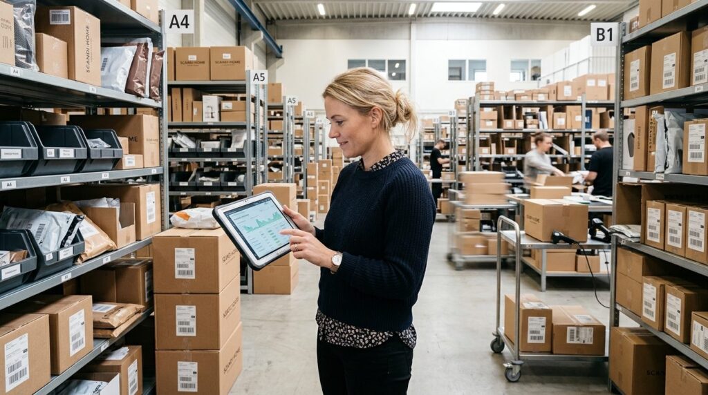 Danish entrepreneur in modern webshop warehouse surrounded b